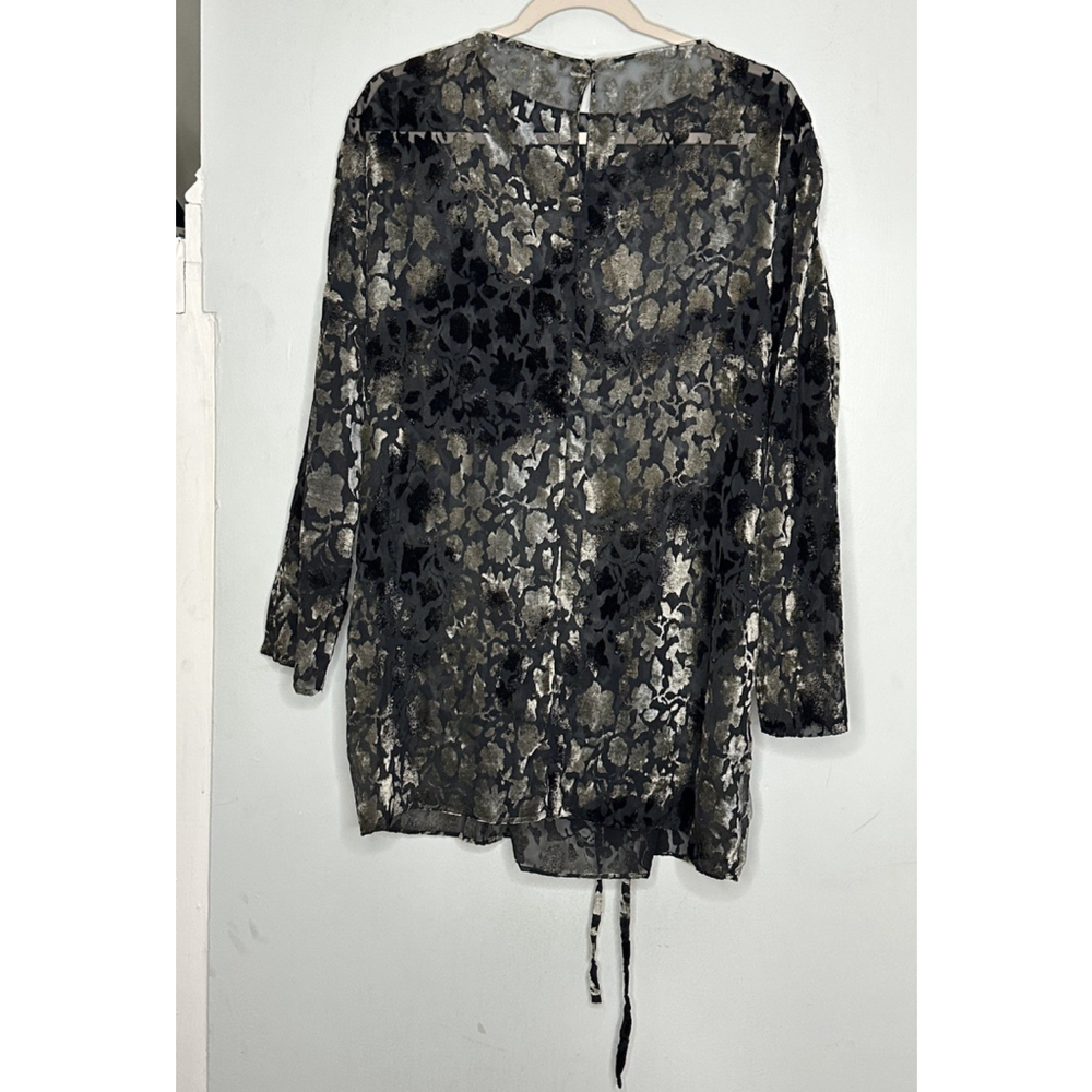 Womens Black Velvet Burnout Tunic Top Long Sleeve Black Gray Tie Waist Size XXL - Picture 2 of 8